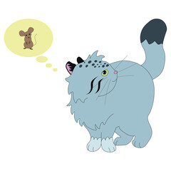 cute wild cat manul stands smiling and thinks about little mouse, stock vector, cartoon