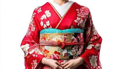 Naklejka premium Close-up of a Woman Wearing a Vibrant Red and Floral Kimono