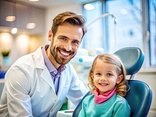 Caring Dentist and Child in Modern Dental Office Promoting Healthy Smiles and Oral Hygiene Education