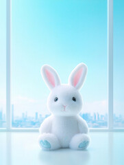 Obraz premium Adorable Plush Rabbit by the Window, a charming plush doll set against a simple white backdrop, featuring exquisite details in a minimalist style for maximum visual appeal.