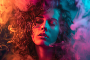 A woman with curly hair surrounded by neon smoke in colors against a dark background in a full-body portrait.