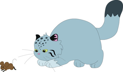 cute wild cat manul hunts a small mouse that runs away from him, stock vector, cartoon