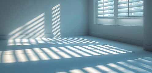Obraz premium A white background with soft shadows from window blinds, creating an elegant and minimalist backdrop for product showcases or beauty presentations.
