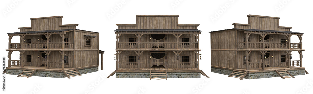 Poster old wild west saloon building wooden construction. set of 3 isolated 3d rendered illustrations from 