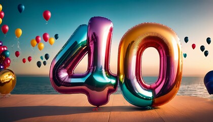 Banner with number 40 colorful balloons with copy space