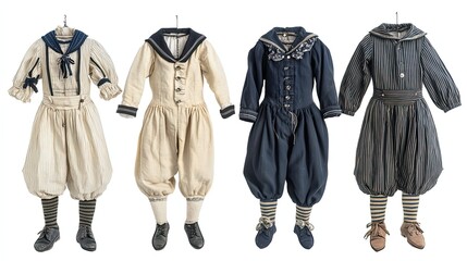 Four Antique Sailor Suits for Boys Hanging on Hangers