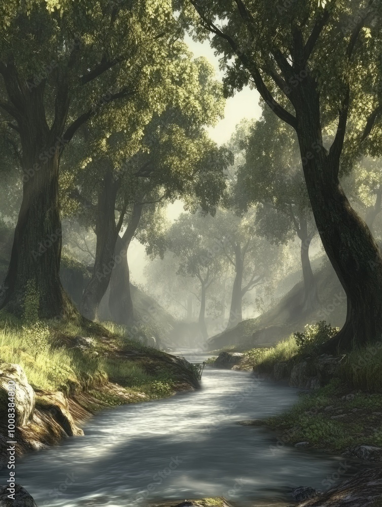 Poster a tranquil stream meanders through a lush forest, sunlight filtering through the leaves creating a d