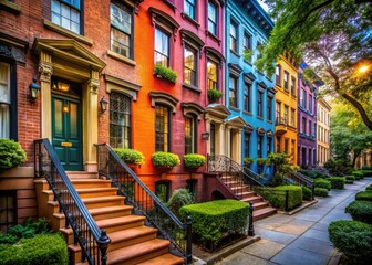 Fototapeta premium Charming Town Homes in New York City Showcasing Urban Architecture and Vibrant Neighborhood Life