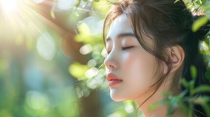 Fototapeta premium Beauty face. Smiling asian woman healthy skin portrait. Beautiful happy girl model with fresh glowing hydrated facial skin and natural makeup. Skin care concept