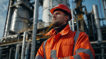 Man oil field technologist near petroleum pumps. Man controls oil production process. Technologist at petroleum corporation