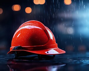 Red hard hat in the rain, showcasing safety equipment in an industrial setting.