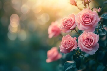 Beautiful pink roses bloom softly in gentle sunlight. This dreamy floral scene evokes joy and romance. Perfect for nature lovers and floral enthusiasts. Generative AI
