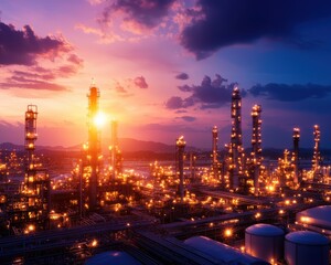 Industrial landscape with silhouetted structures and vibrant sunset sky, showcasing energy production.