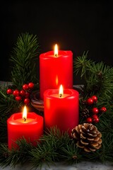 Festive red candles with pine decorations, symbolizing holiday warmth and coziness