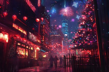 Obraz premium Festive urban scene with colorful lights and fireworks.