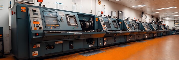 Rows of industrial control panels with various monitoring and control systems in a manufacturing or utility facility. The panels display digital and analog instruments,gauges.