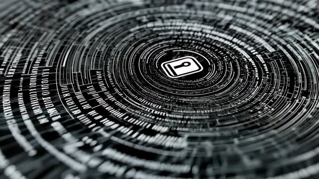 Digital network security with abstract lock and data circuits in a concentric pattern for modern technology concept, 4k footage
