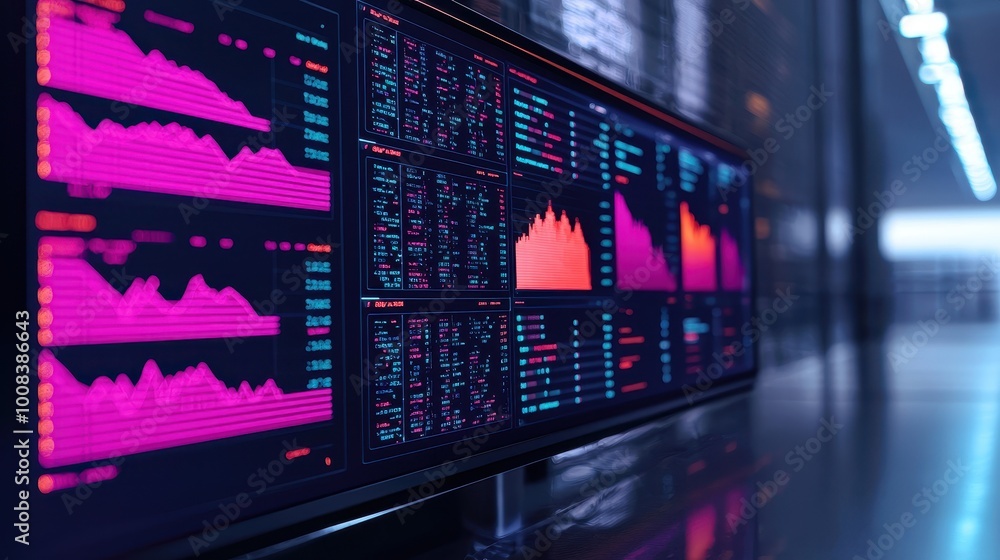 Aufkleber close-up of advanced digital screen displaying financial charts and data analysis in a modern office