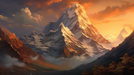 Warm golden light illuminates snow-capped peaks at sunset. Majestic mountains stand tall against a dramatic cloud-filled sky. - Powered by Adobe