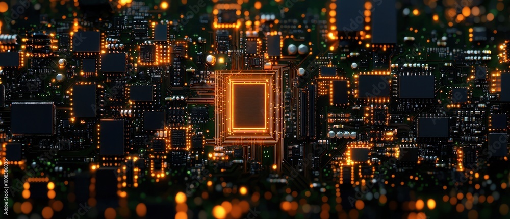Poster close-up of a circuit board with glowing components, showcasing intricate electronic design.