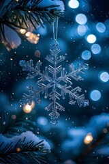Fototapeta premium Crystal snowflake ornament, glowing blue bokeh backdrop, perfect for holiday decor