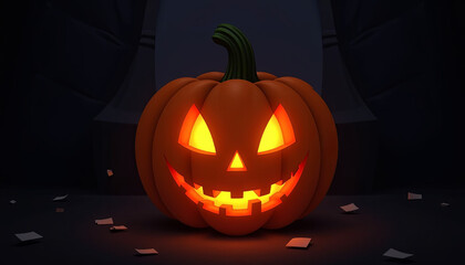 Obraz premium Glowing Jack-O'-Lantern with Creepy Smile in Dark Room