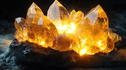 Rare mineral glowing with soft internal light, its crystalline structure shimmering in the dim ambiance. Realistic, highly detailed