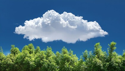 Obraz premium A fluffy white cloud floats above vibrant green trees under a clear blue sky, creating a serene and picturesque natural scene.