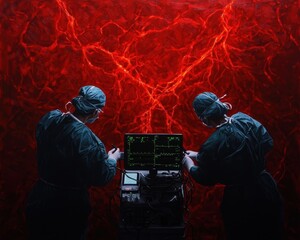 Surgeons operating in a dramatic setting with red backdrop and advanced medical equipment.