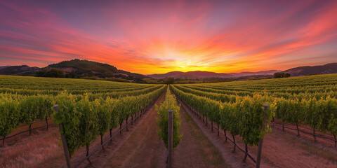 Vibrant vineyard during sunset with rows of green grapevines and rolling hills. Stunning nature landscape for wine production and agriculture concept