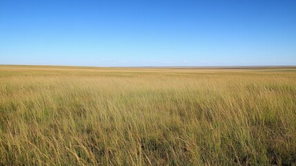 Fototapeta premium A vast expanse of golden grass stretches out under a clear blue sky.