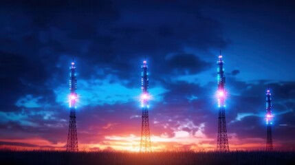 Illuminated radio towers against a breathtaking sunset with vibrant blue and orange sky.