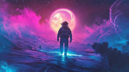 Astronaut walks towards a giant pink moon.