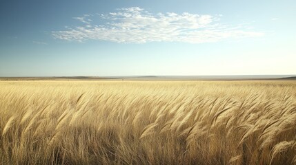 Obraz premium A vast field of golden wheat swaying gently in the wind under a clear blue sky.