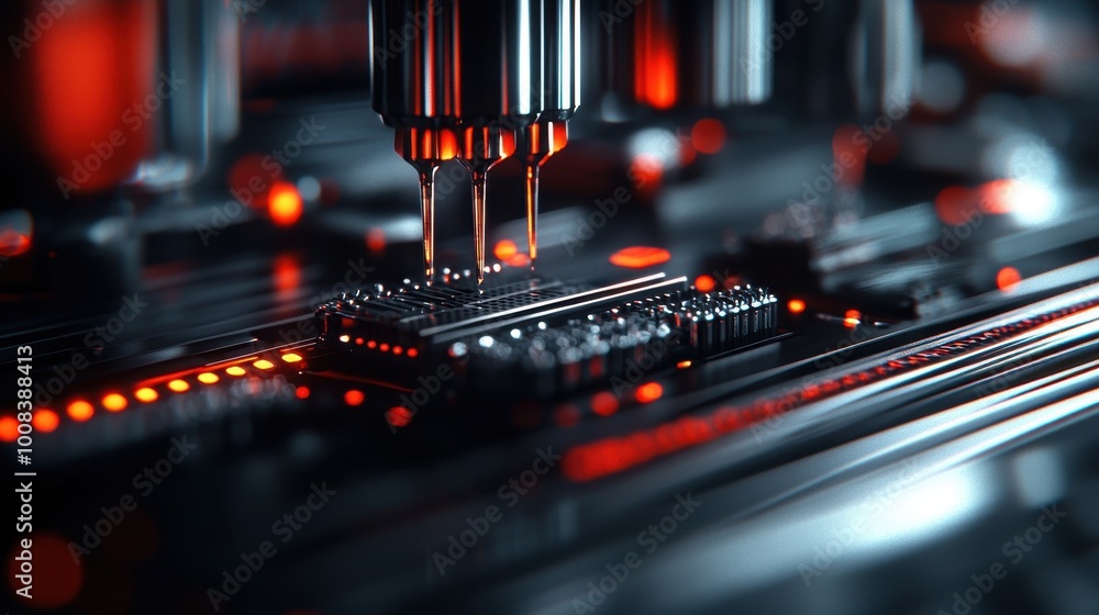Poster close-up of a microchip being processed in a high-tech environment with vibrant red lights, showcasi