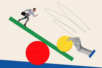 Collage photo picture of young businessman investor running to priorities make money first isolated...