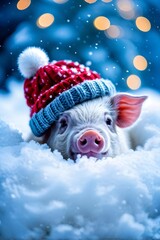Cute pig in a cozy winter hat surrounded by snow, festive holiday greeting card