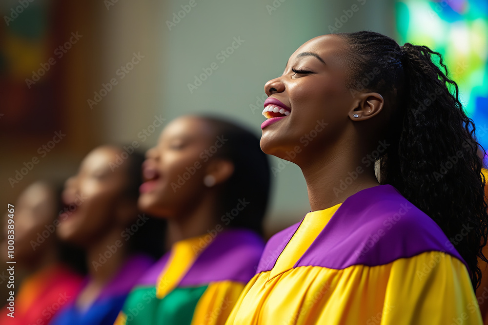 Poster Vibrant Gospel Choir Singing in Colorful Robes at Church Service  