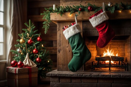 Christmas stockings hanging by the fireplace in a cozy winter home. Christmas season with family