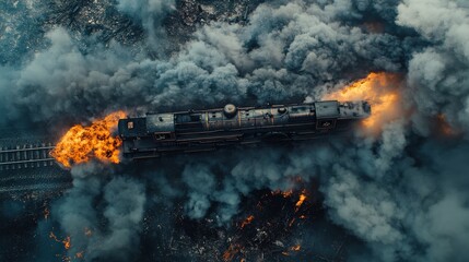 Train Derailment with Flames and Smoke, Aerial Disaster Scene