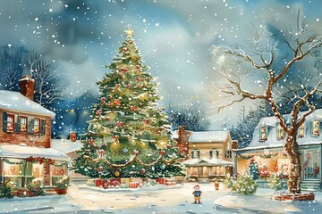 Vintage Watercolor Holiday Card of Snowy Village Square with Christmas Tree and Children Playing