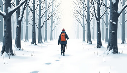 Person hiking through snowy forest in winter landscape