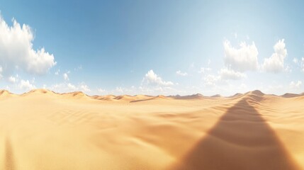 Fototapeta premium A vast, golden desert stretches out under a bright blue sky, with fluffy white clouds casting long shadows on the sand.
