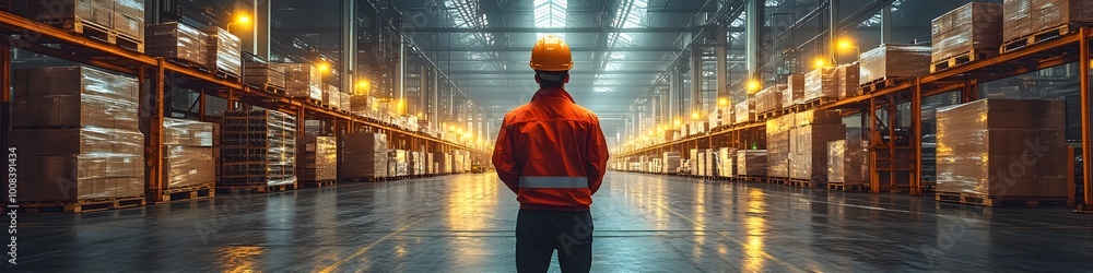 Poster Warehouse worker in safety gear inspecting inventory and logistics in a large industrial distribution facility with rows of shelving and stacked crates or boxes. Concept of supply chain,storage.