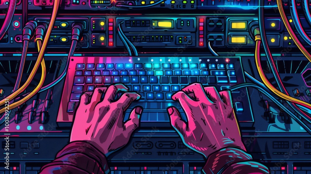 Poster close-up of hands typing on a keyboard with a server rack and data cables in the background, symboli