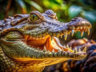 Fototapeta premium Close-up of a Crocodile Head with Sharp Teeth and Intricate Scales in Natural Habitat Setting
