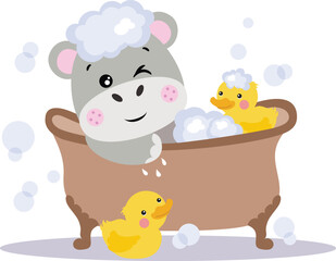 Cute little hippo taking a bath
