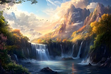 Fototapeta premium Serene landscape featuring a waterfall surrounded by mountains and trees.