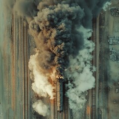 Train Derailment with Flames and Smoke, Aerial Disaster Scene