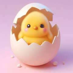 Cute easter chick in an easter egg shell 3d illustration style.